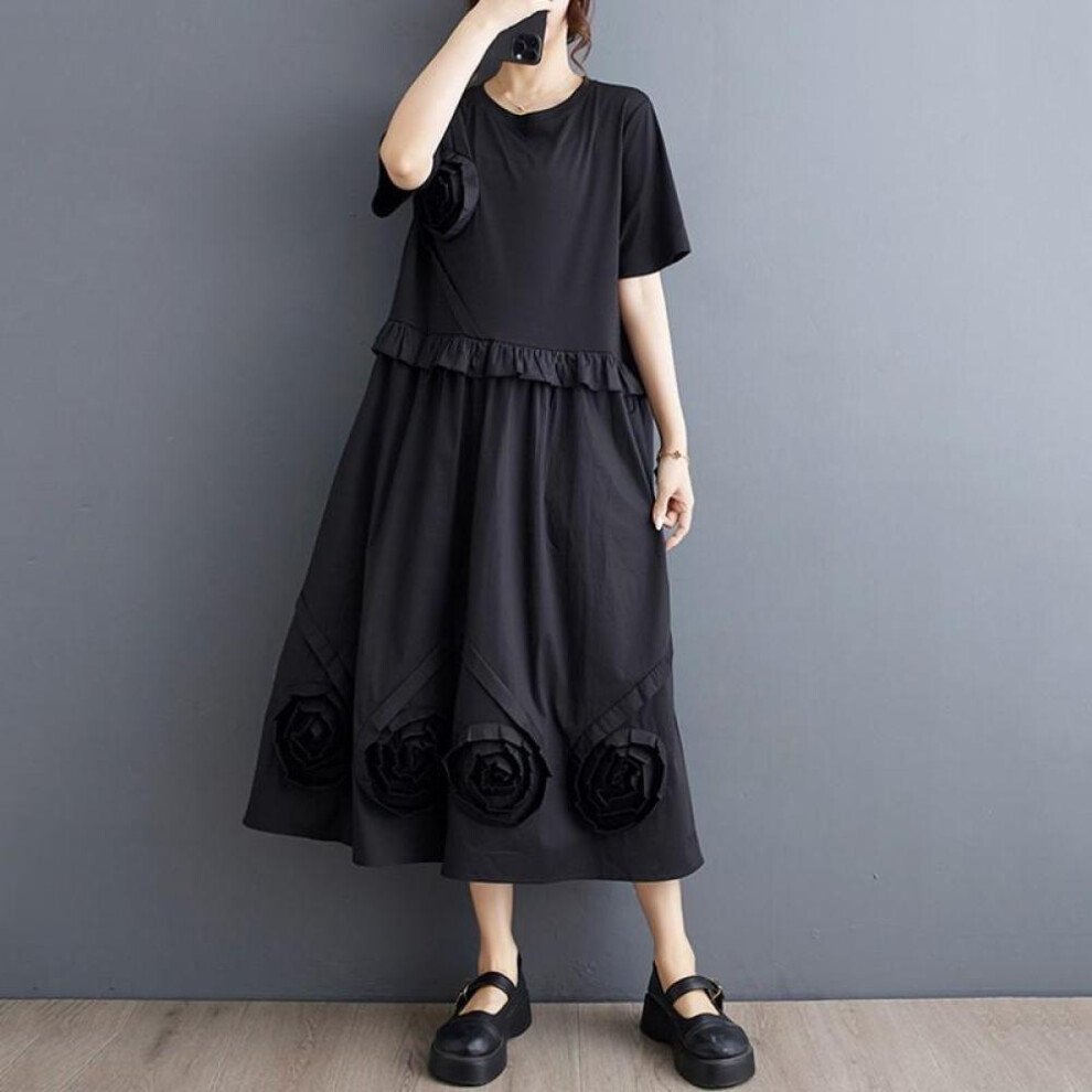 Short Sleeve Plus Size Black Cotton Vintage Floral New In Dresses For Women Casual Loose Long Summer Dress