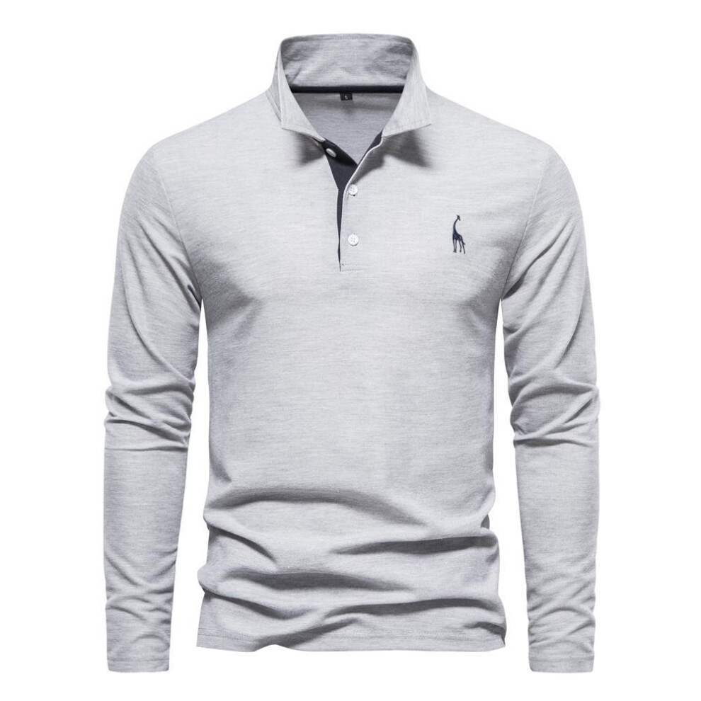 (grey, XL 90-100kg) Aiopeson Giraffe Embroidery Men&apos;s Polo Shirts Solid Color Long Sleeve Polo Shirts For Men New Spring Social Business Polos Male