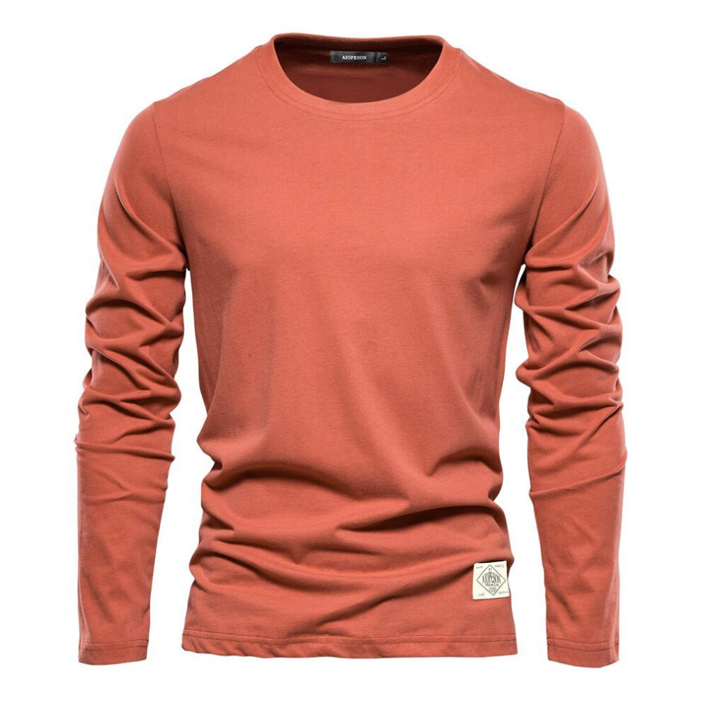 (orange, M) Usegiraffe 100% Cotton Long Sleeve T shirt For Men Solid Spring Casual Mens T-shirts High Quality Male Tops Classic Clothes Men&apos;s T-shirts