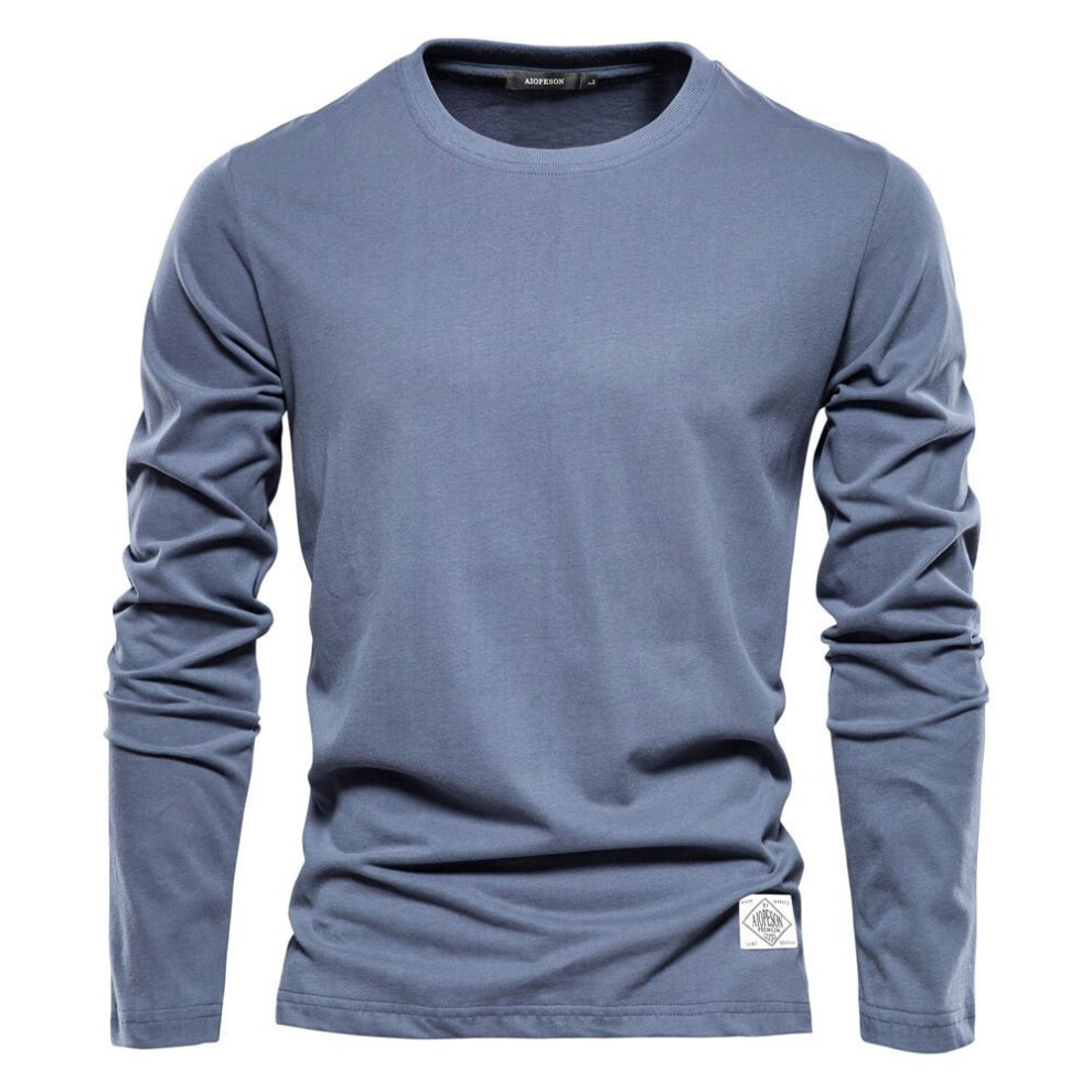 (blue, L) Usegiraffe 100% Cotton Long Sleeve T shirt For Men Solid Spring Casual Mens T-shirts High Quality Male Tops Classic Clothes Men&apos;s T-shirts