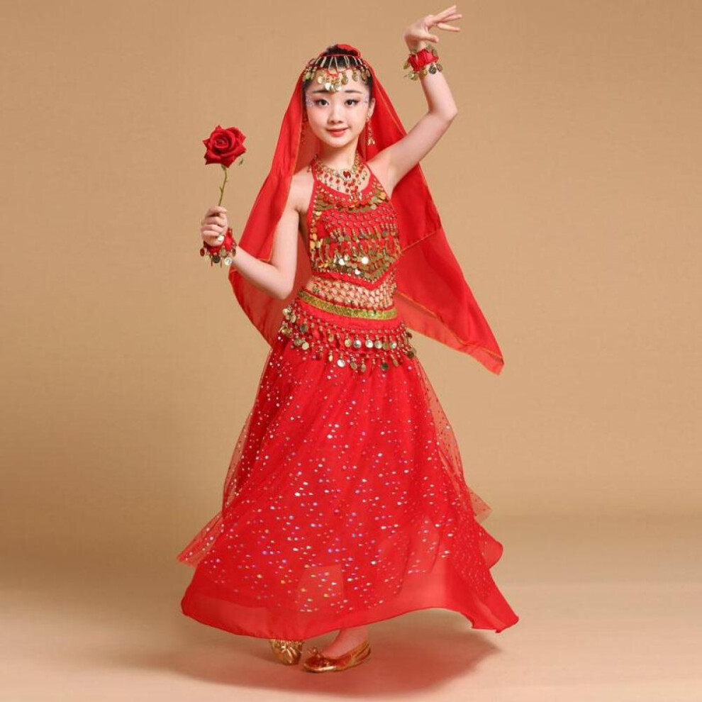 (red, S) Children Girls Chiffon Paillette Top + Dress +waist Chain + Headwear 4pcs Indian Belly Dance Clothes