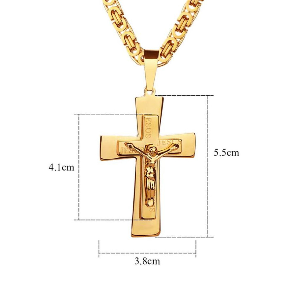 Men&apos;s Necklace Big Cross Pendant & Chain Mens Gold Color Stainless Steel Christian Necklaces Male Iced Out Bling Jewelry
