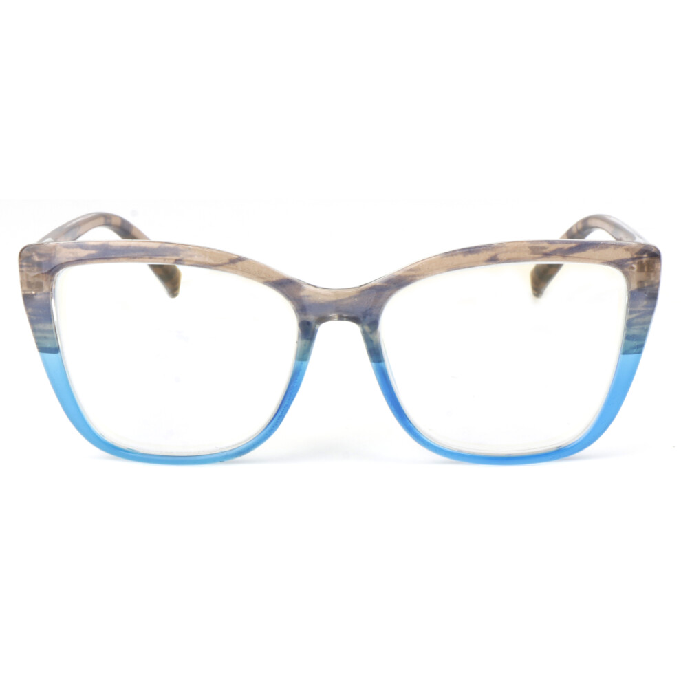 (Blue & Grey, +3.5) Cat Eye Reading Glasses Women Spring Hinges DX88