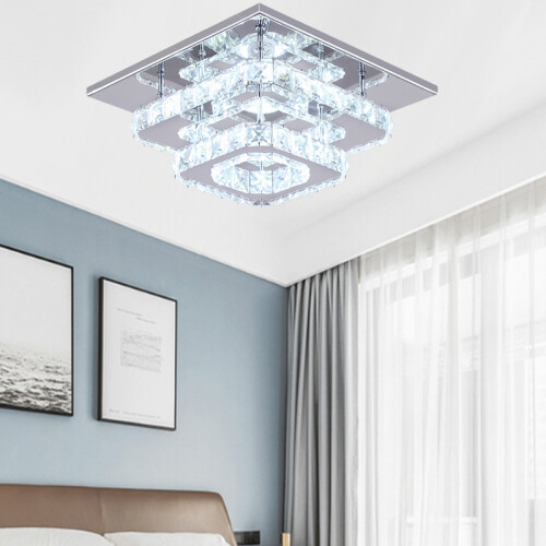 Living And Home (30cm 2 Level-Square, Adjustable) Modern LED Ceiling Light Crystal Flush Chandelier