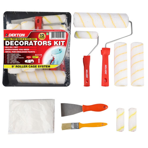 Dekton 12Pcs Paint Roller Set 9'' Tray Rollers Soft Sleeves Brush Kit Decorating 1
