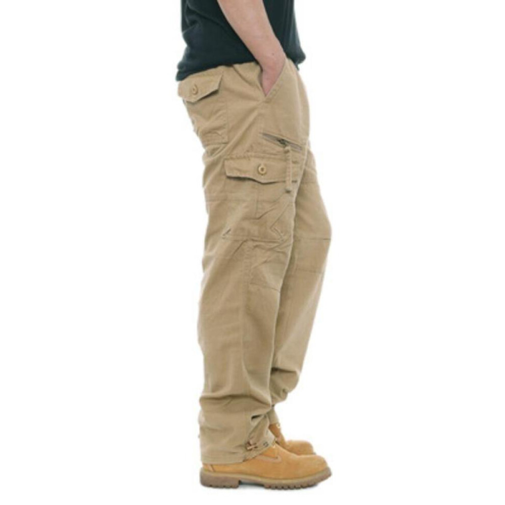 (khaki, L) Men&apos;s New Overalls Loose Straight Multi-Pocket Casual Pants Outdoor Training Sports Camouflage Tactical Pants Cotton Comfort Loose Trousers