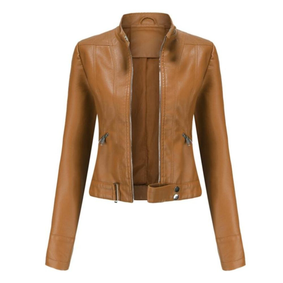 (camel, M) 2022 Leather Jacket Women&apos;s Short Small Jacket Spring and Autumn Stand Collar Ladies Leather Jacket Women&apos;s Thin Leather Jacket