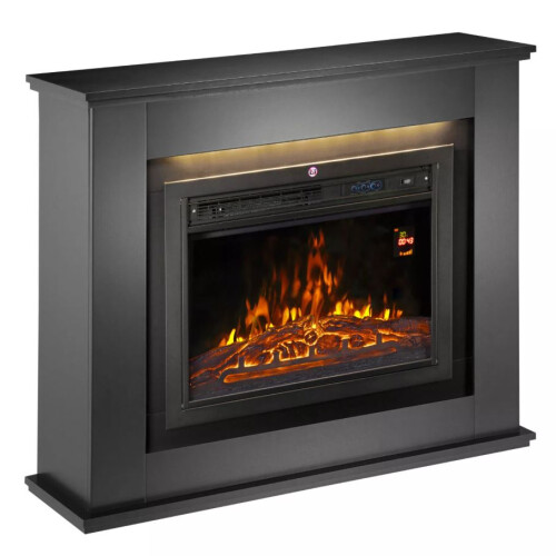 (Complete Set Black) Modern Electric Fireplace with Remote Control & LED Log Fire Effect