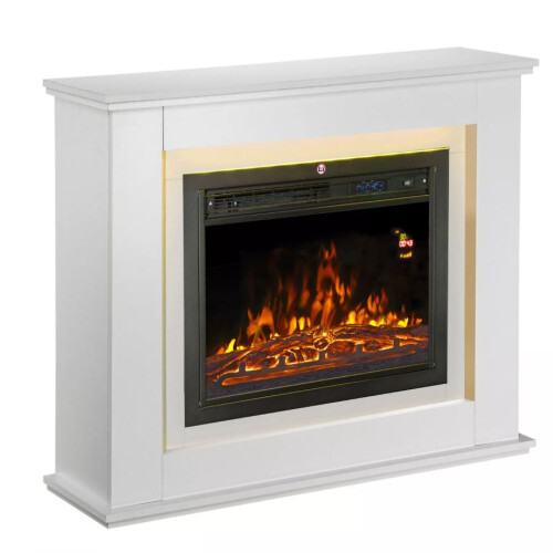 (Complete Set White) Modern Electric Fireplace with Remote Control & LED Log Fire Effect
