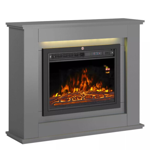 (Complete Set Grey) Modern Electric Fireplace with Remote Control & LED Log Fire Effect
