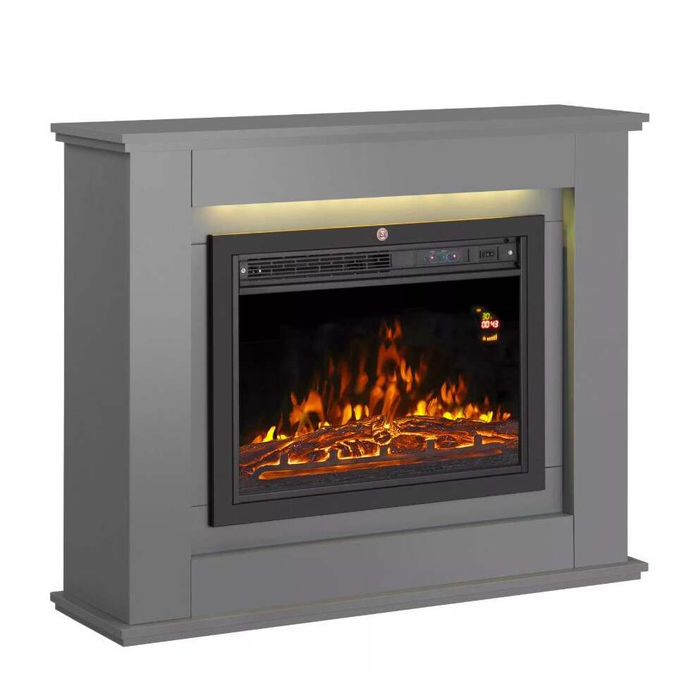 (Complete Set Grey) Modern Electric Fireplace with Remote Control & LED Log Fire Effect