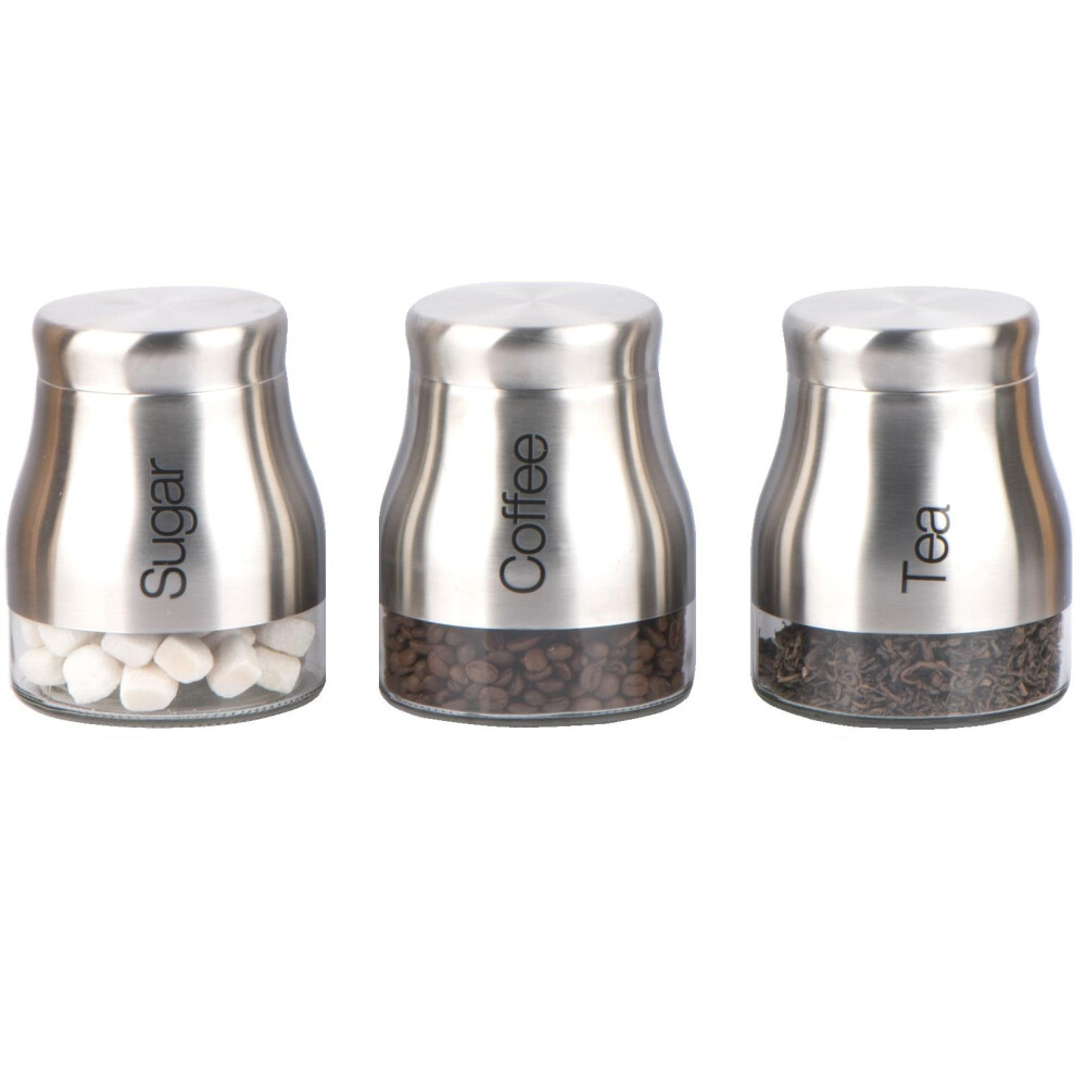 Set Of 3 Silver Storage Canisters Tea Coffee Sugar Jars Food Pots Lid