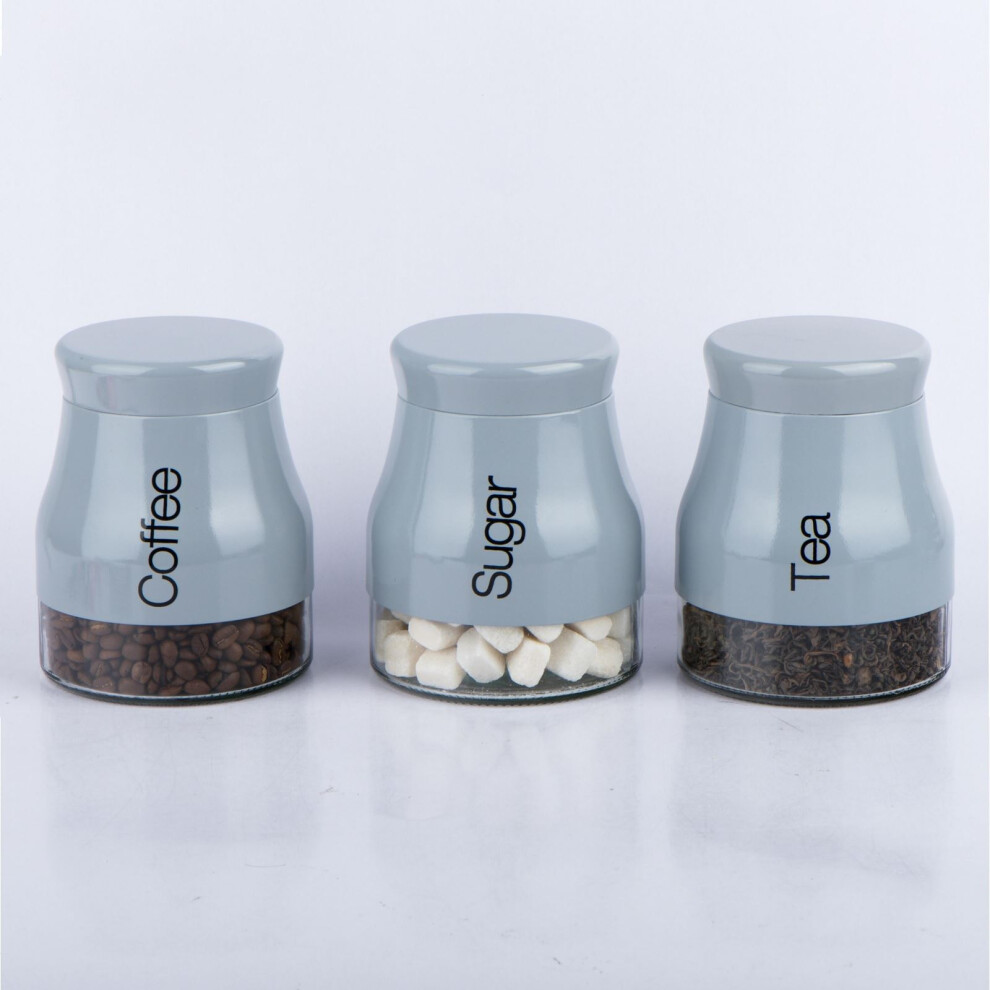 Set Of 3 Grey Storage Canisters Tea Coffee Sugar Jars Food Pots Lid