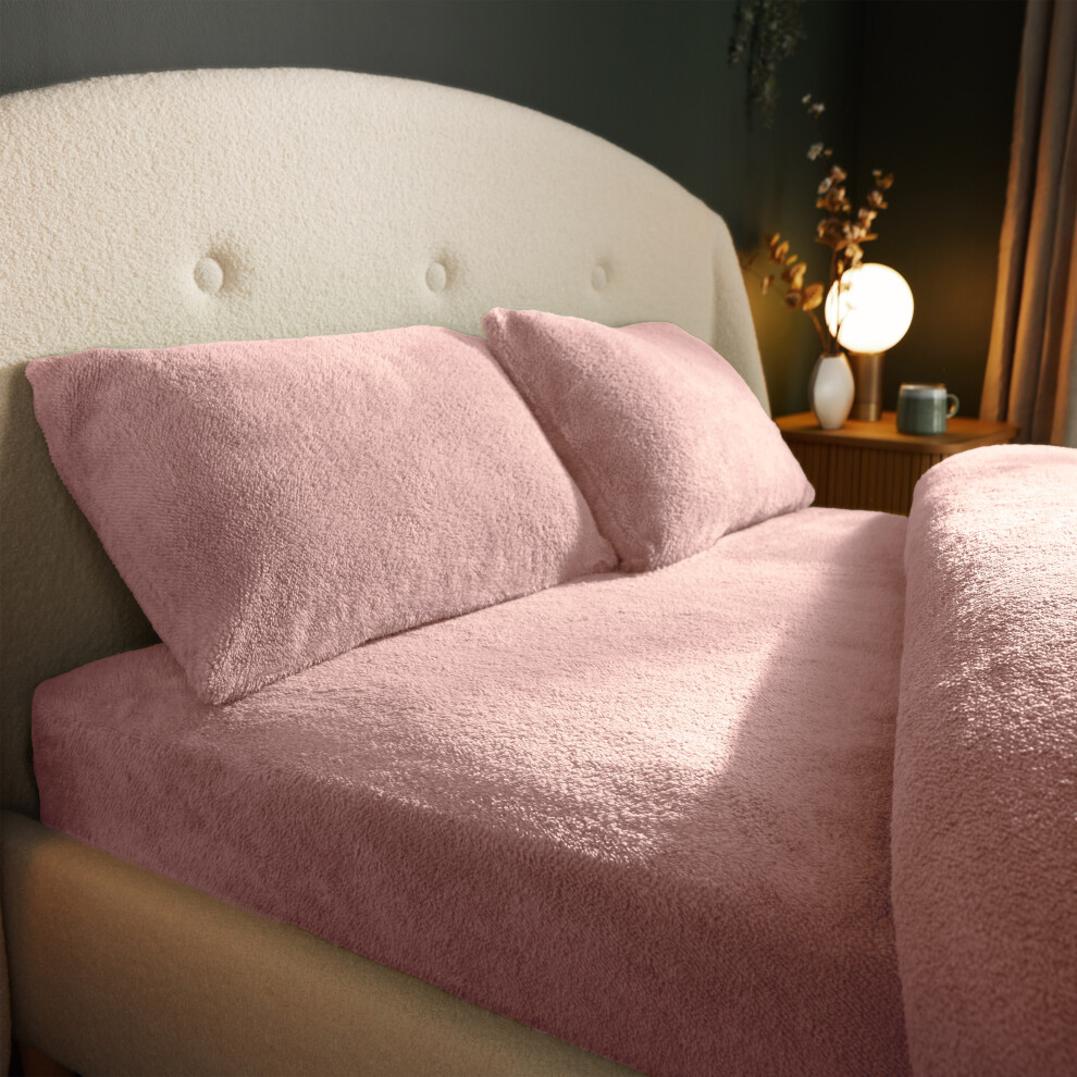 (Single, Blush Pink) Silentnight Teddy Fleece Fitted Sheet Single Double King Teddy Bear Bedding