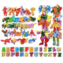 (26PCS Letter no box) 26 Gudi English Letter Alphabet Transformation Robot Dinosaur Deformation Animal Action Figures Learn A-z Building Block Toys