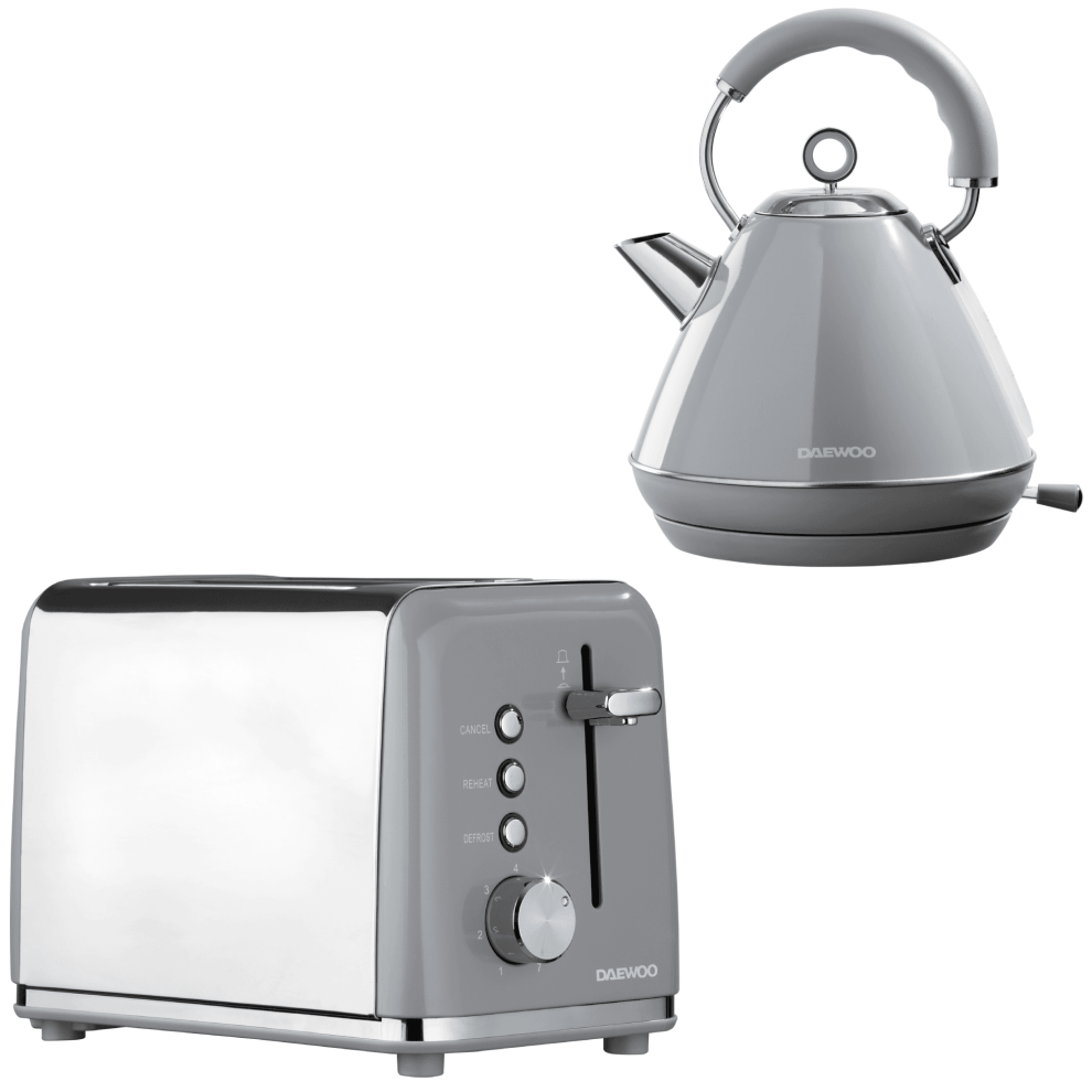(Grey) Daewoo Kensington Pyramid Matching 2 Slice Toaster & Kettle Set 1.7L 3000W Retro Bundle Combo Pack
