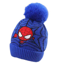 (Blue) Kids Boys Spiderman Knitted Thick Beanie Hat Winter Warm Pompom Ski Cap