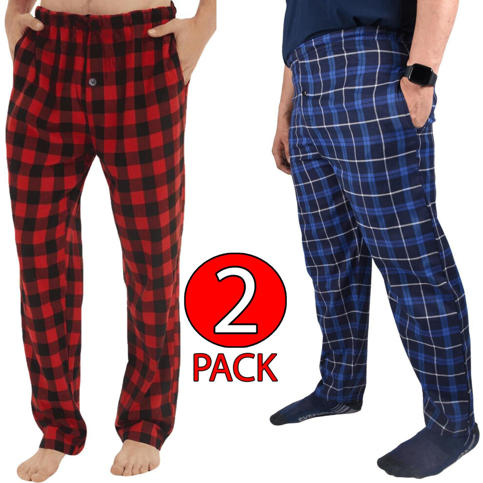 (1 Red 1 Navy - 2 Pack, M) 2 Pack Mens Pyjama Bottoms Woven Check Nightwear