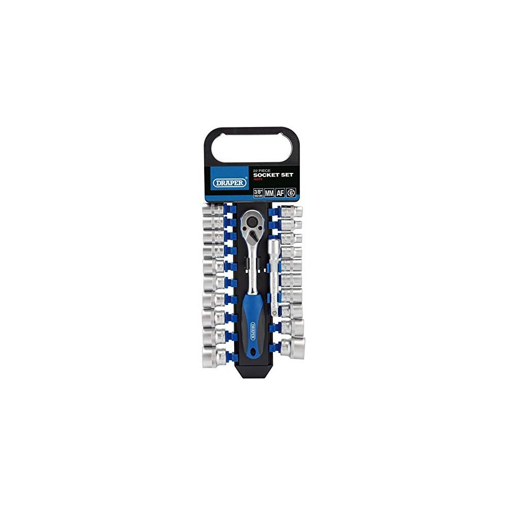 Draper 16373 Square Drive Combined MM/AF Socket and Ratchet 22 Pieces Set, 3/8" Length , Blue