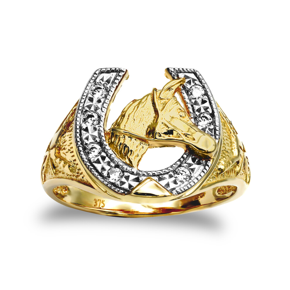 (R) Jewelco London Men's Solid 9ct Yellow Gold White Round Brilliant Cubic Zirconia Horse Head Horseshoe Ring