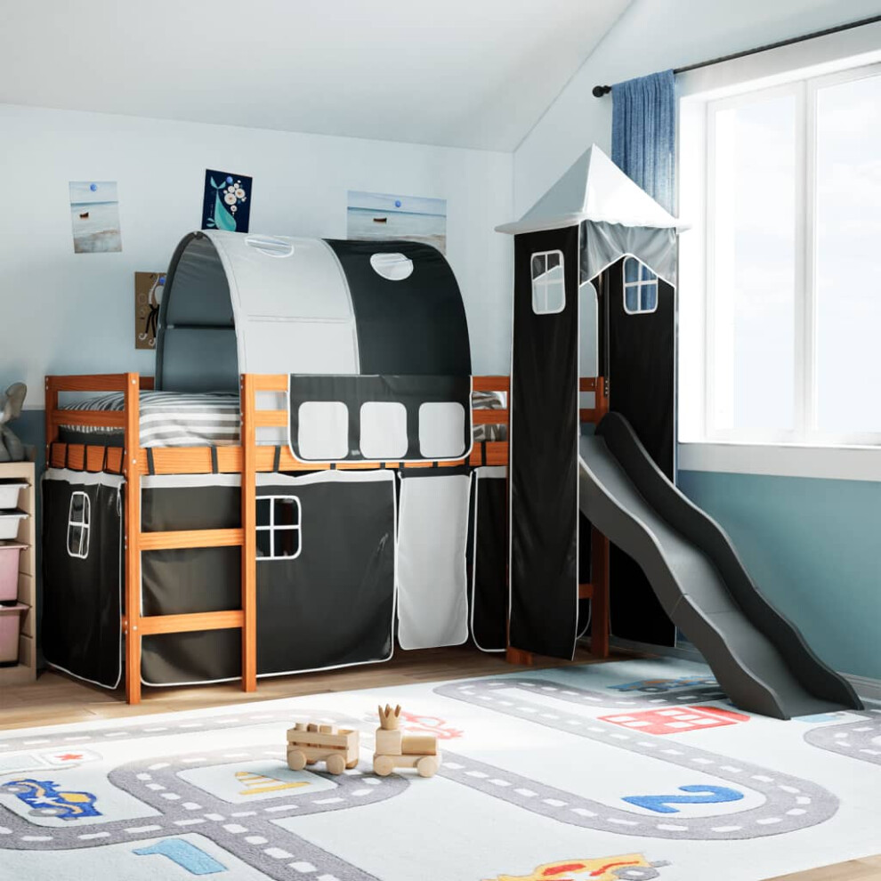 vidaXL Kids' Loft Bed with Tower White and Black 90x190 cm Solid Wood Pine
