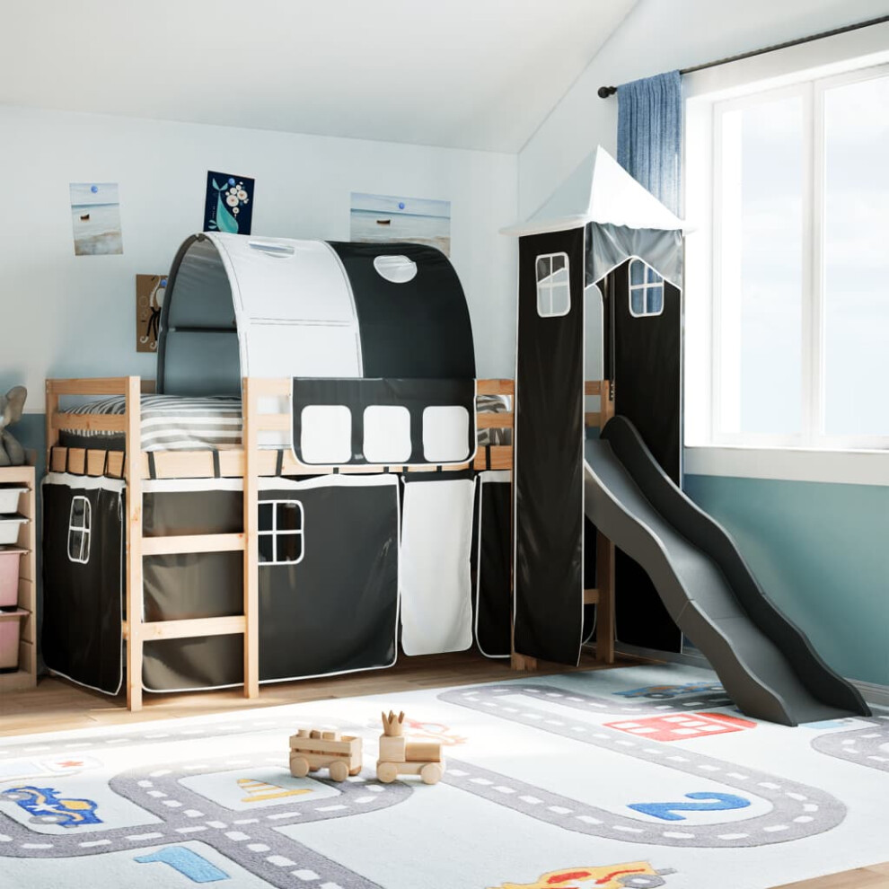 vidaXL Kids' Loft Bed with Tower White and Black 80x200 cm Solid Wood Pine