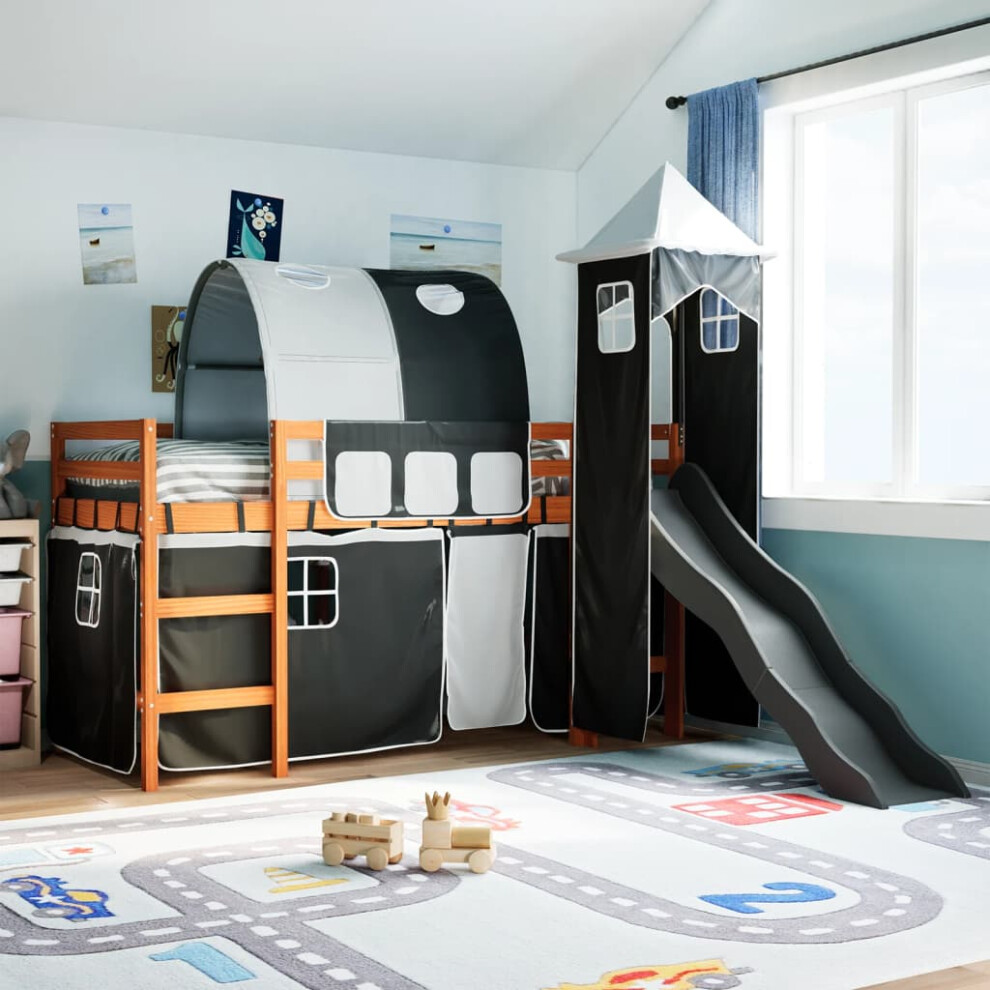 vidaXL Kids' Loft Bed with Tower White and Black 90x200 cm Solid Wood Pine