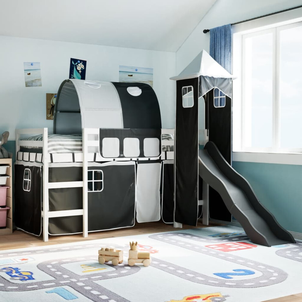 vidaXL Kids' Loft Bed with Tower White and Black 80x200 cm Solid Wood Pine