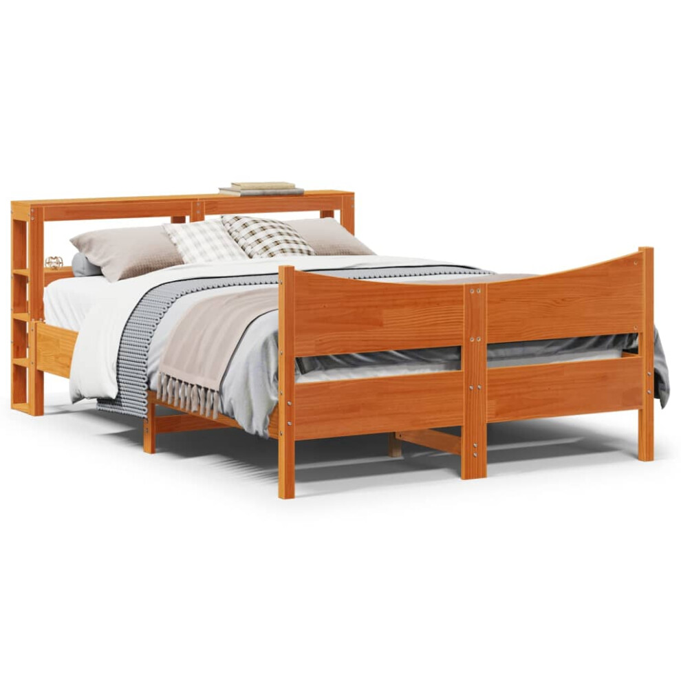 vidaXL Bed Frame with Headboard Wax Brown 135x190 cm Double Solid Wood Pine