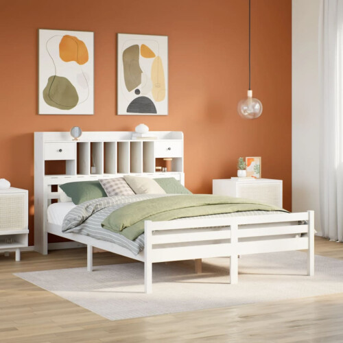 VidaXL vidaXL Bookcase Bed without Mattress Bed Frame White King Size Solid Wood Pine