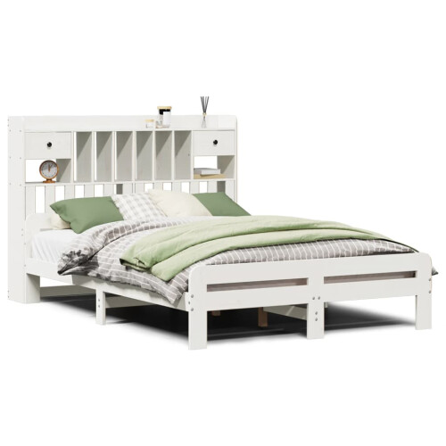 VidaXL vidaXL Bookcase Bed without Mattress Bed Frame White King Size Solid Wood Pine 1