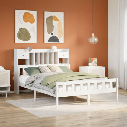 VidaXL vidaXL Bookcase Bed without Mattress Bed Base White King Size Solid Wood Pine