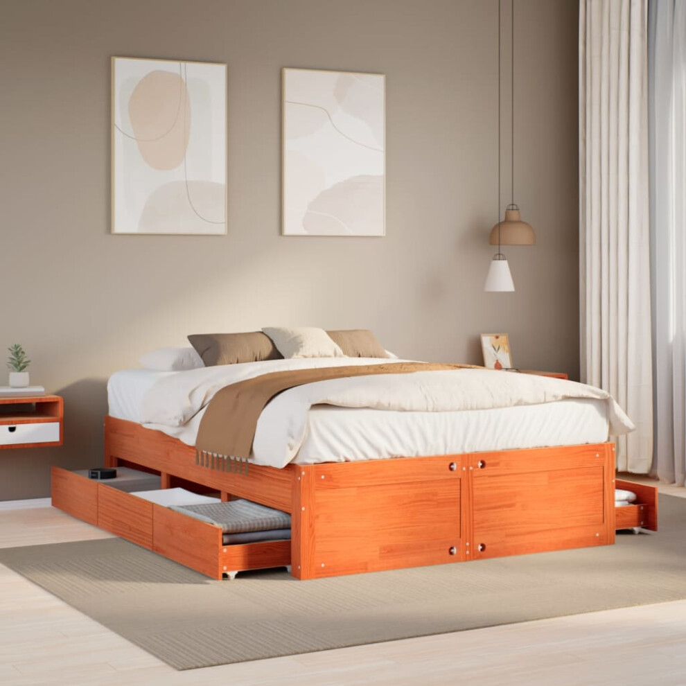 Vidaxl Bed Frame Without Mattress&Drawers Wax Brown 140X200 Cm Solid Wood Pine