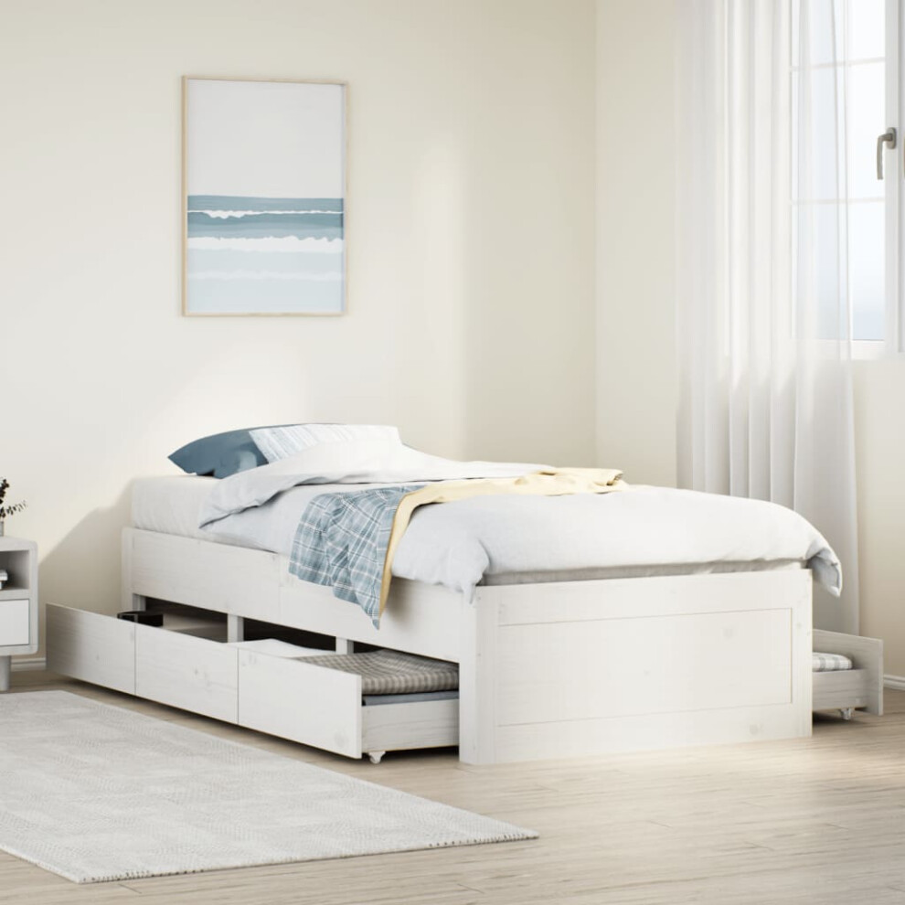 vidaXL Bed Frame Without Mattress With Drawers White 90x190 Cm Single Solid Wood Pine