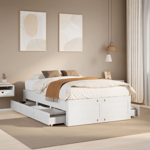 VidaXL vidaXL Bed Frame without Mattress with Drawers White Double Solid Wood Pine
