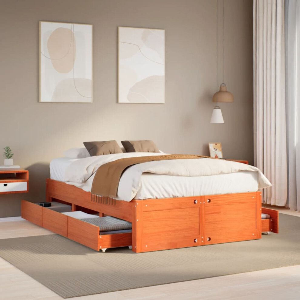 Vidaxl Bed Frame Without Mattress&Drawers Wax Brown Double Solid Wood Pine