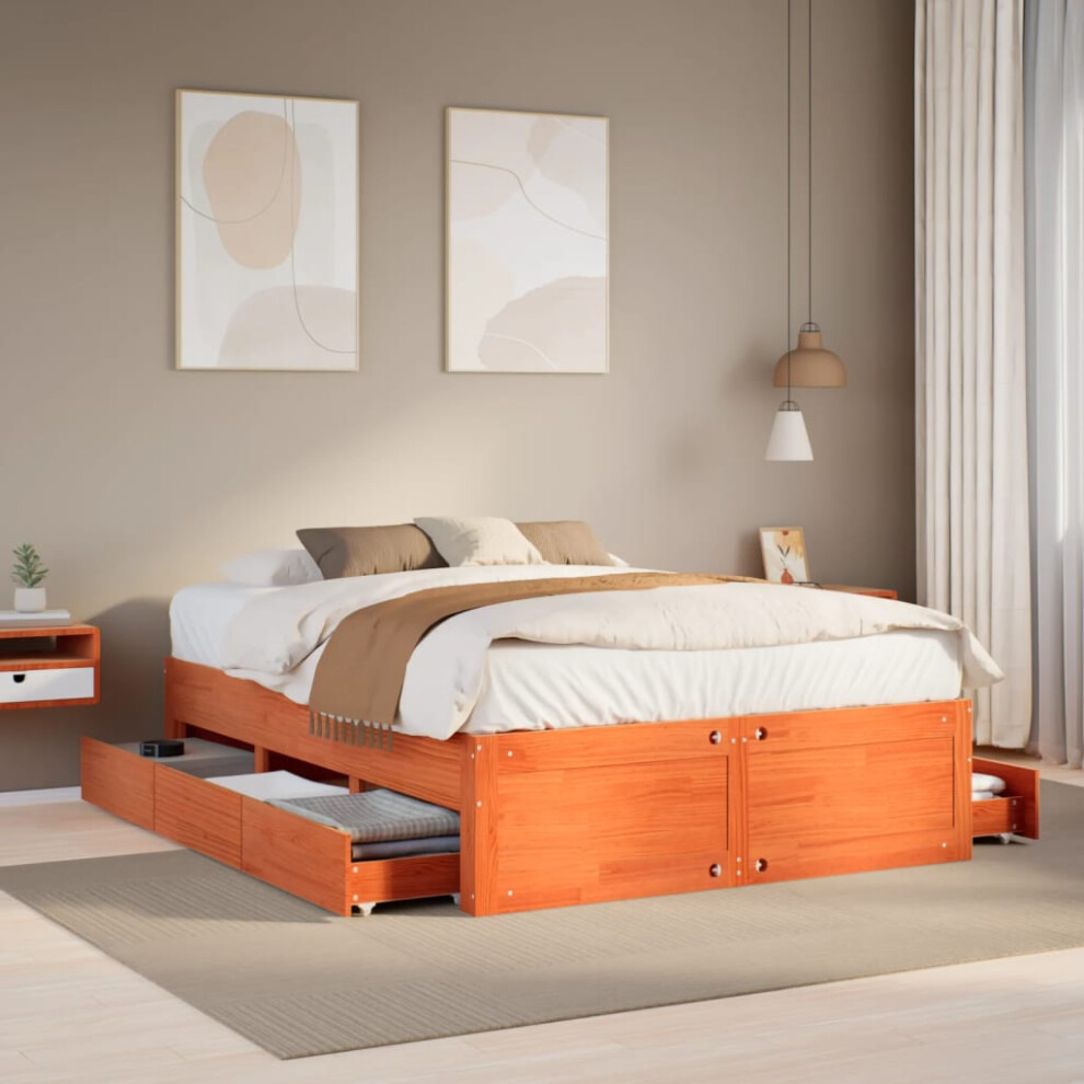 Vidaxl Bed Frame Without Mattress&Drawers Wax Brown King Size Solid Wood Pine