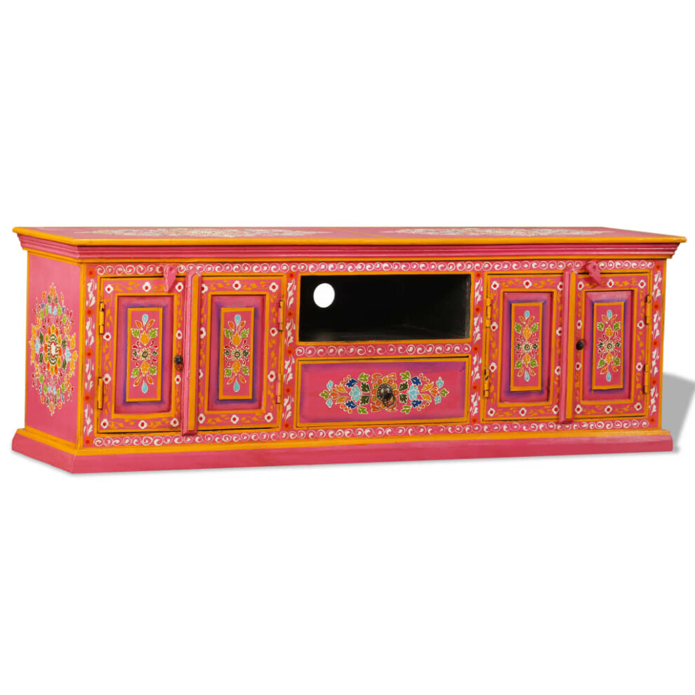 vidaXL Solid Mango Wood TV Cabinet Pink Hand Painted HiFi Stand Unit Sideboard