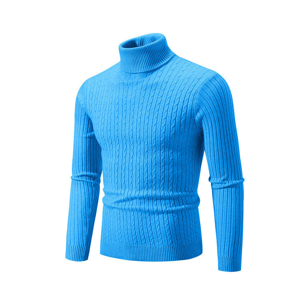 (Sky Blue, L = 40) Mens Knitted Turtle Roll Neck Jumper Tops Winter Warm Long Sleeve Polo Sweater