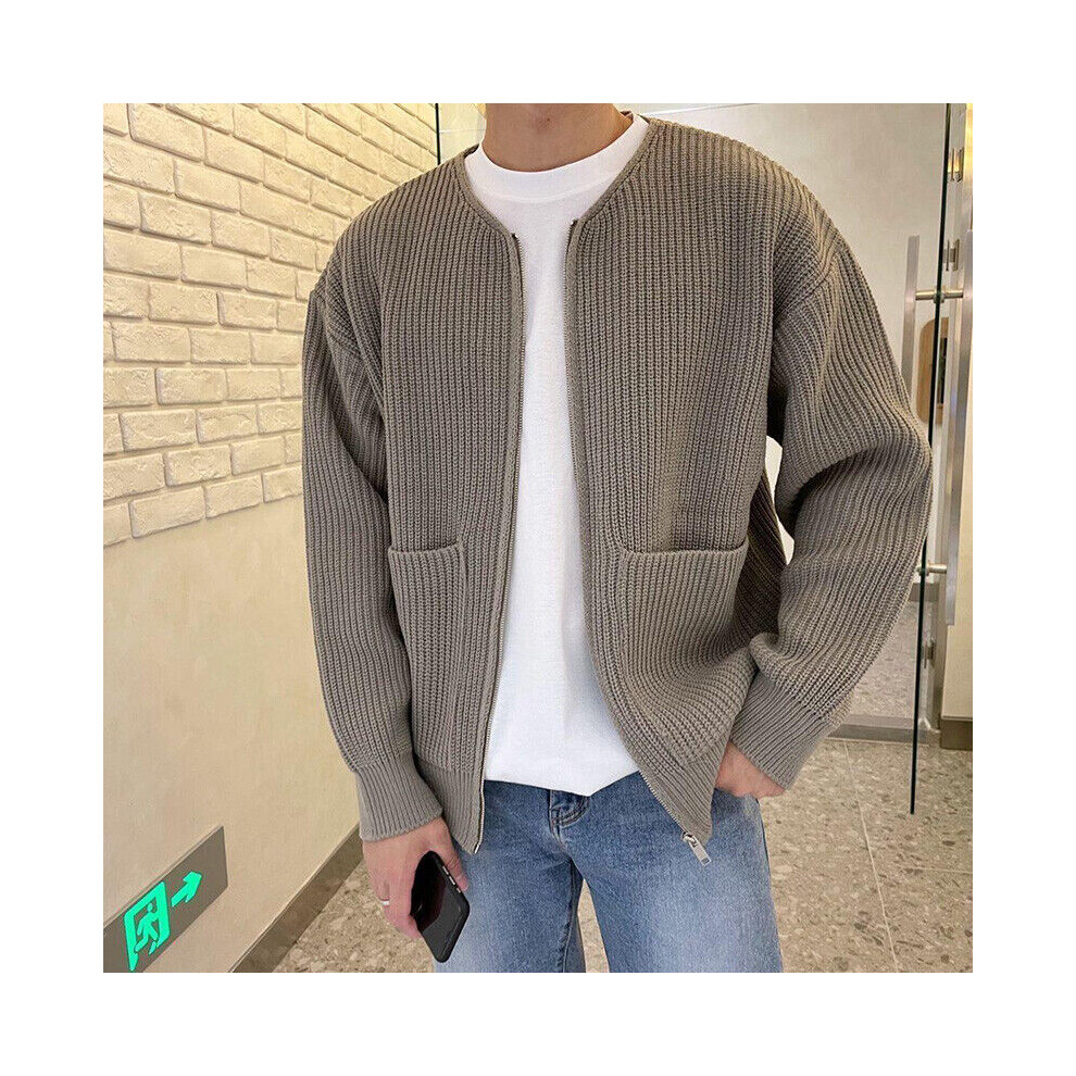 (Khaki, UK Size M=Tag Size L) Mens Casual Cardigan Sweater Men Long Sleeve Winter Warm Knitwear Full Zip Coat