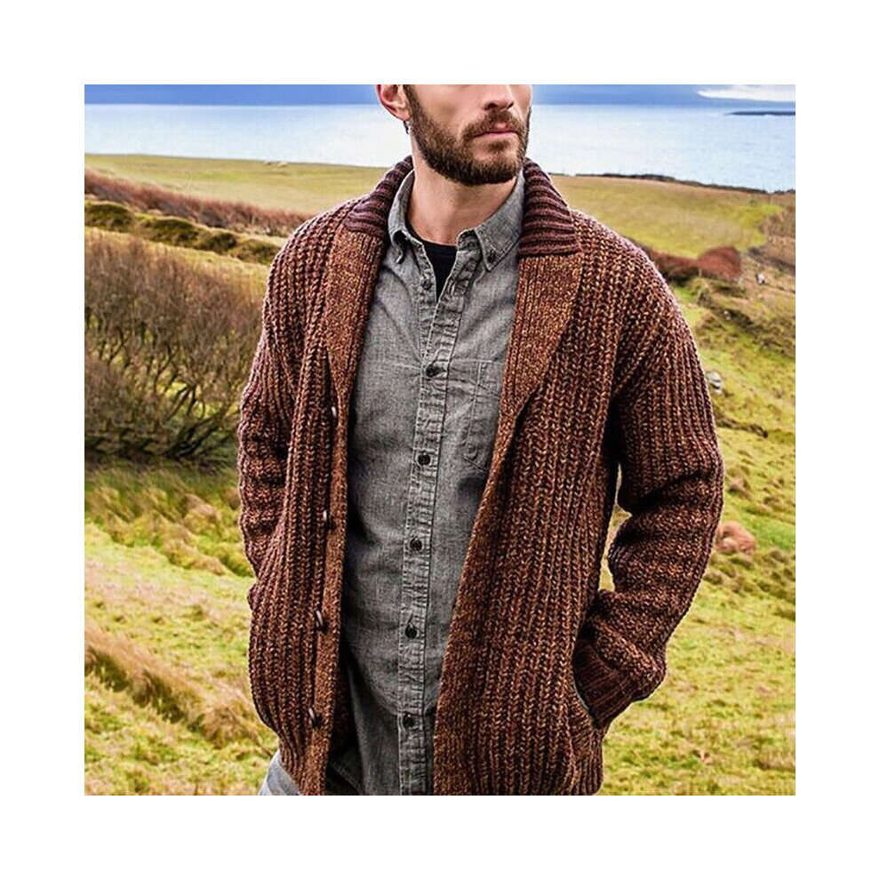 (Brown, L) Mens Winter Warm Cardigan Sweater Cable Knit Button Cotton Sweater Pockets Tops