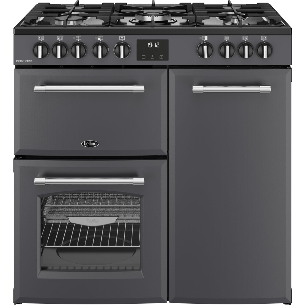 Belling Farmhouse 90Df 90Cm Dual Fuel Range Cooker With 3 Ovens & 5 Burners - A/A Energy Rated Anthracite