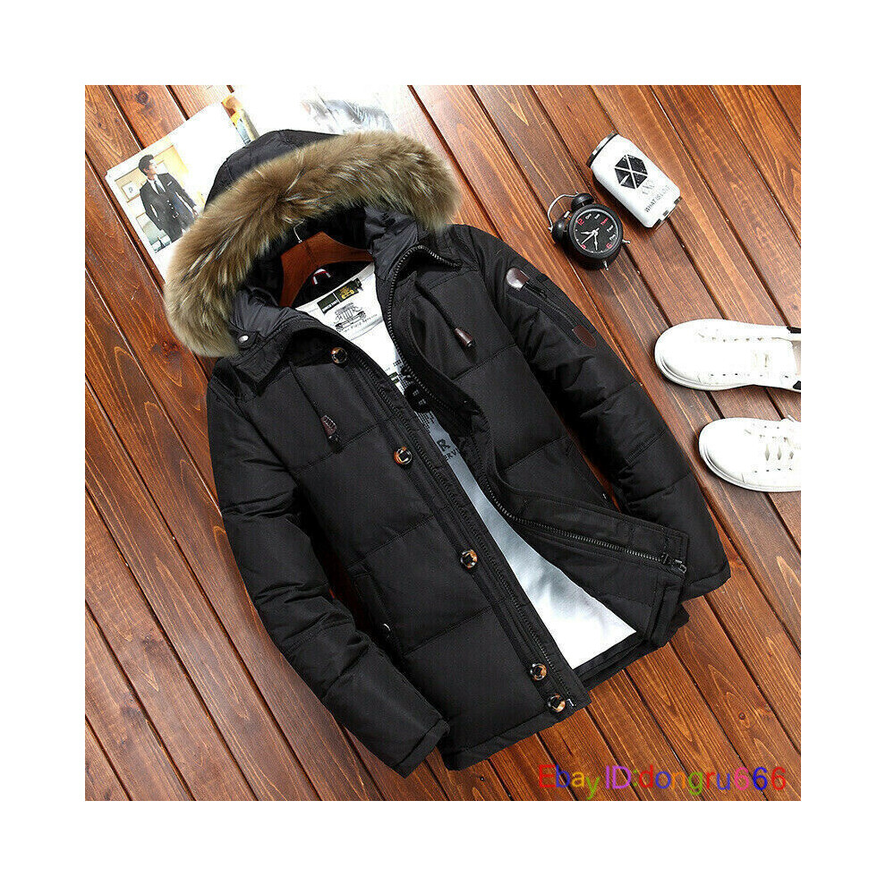 (Black, Asia 4XL=UK 3XL) Men's Duck Down Jacket Fur Collar Thick Warm Winter Hooded Coat Outwear Parka UK