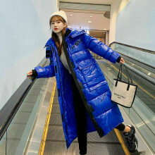 (M=UK XS, Blue) Women's Shiny Parka Jacket Ladies Hooded Long Puffer Coat Stand Collar Outwear