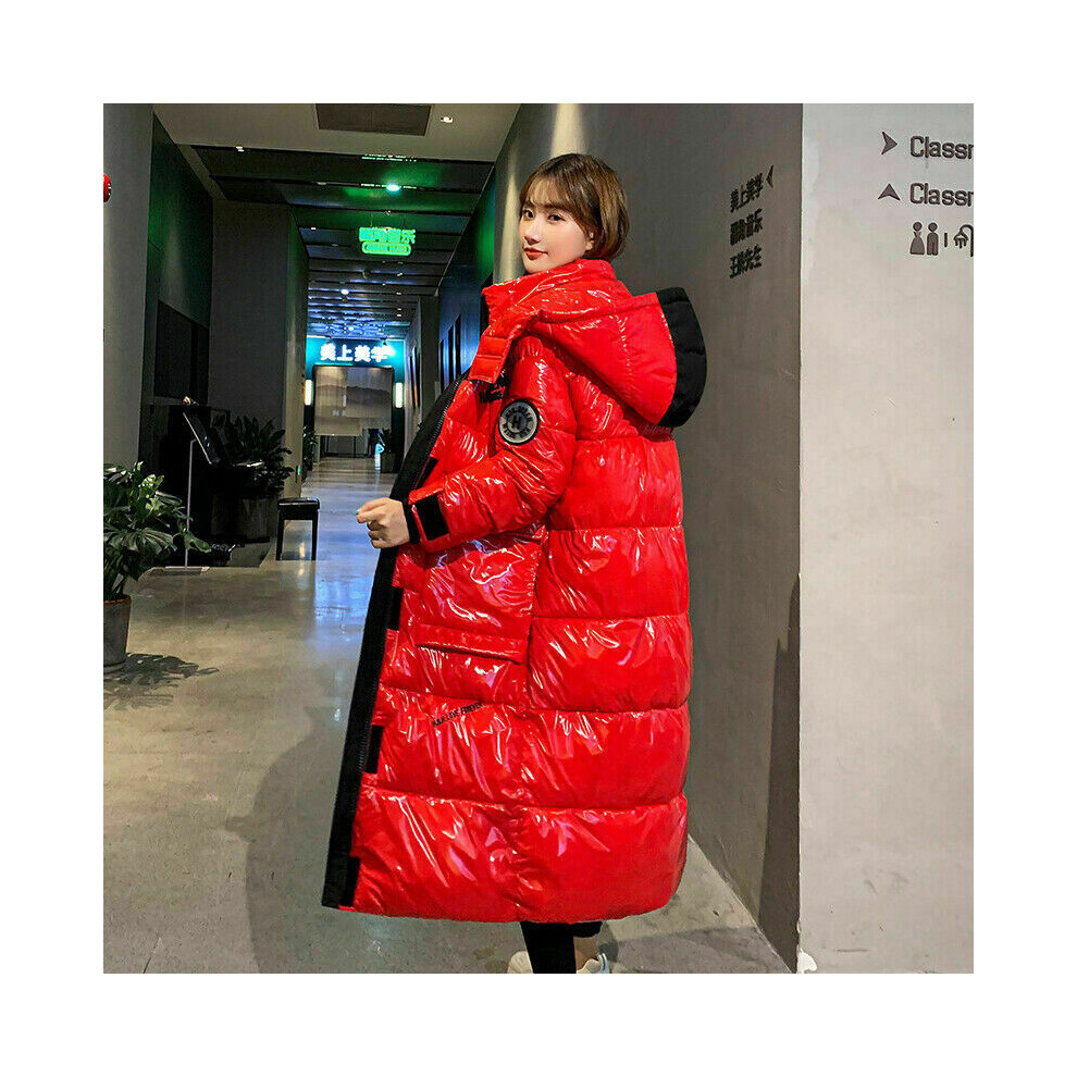 (XXL=UK L, Red) Women's Shiny Parka Jacket Ladies Hooded Long Puffer Coat Stand Collar Outwear