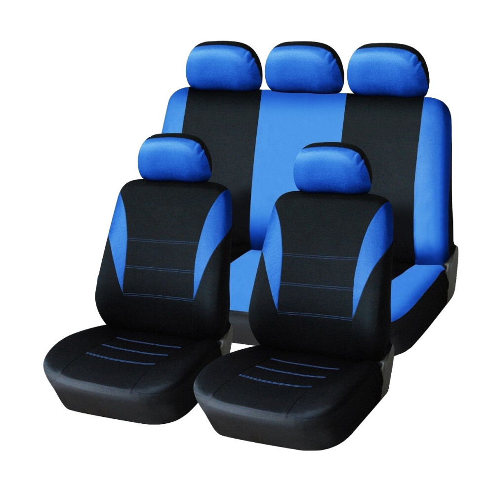 Universal Four Seasons Fabric Car Seat Cover Protectors 9Pc Full Set Airbag Compatible Blue/Black 304692440794