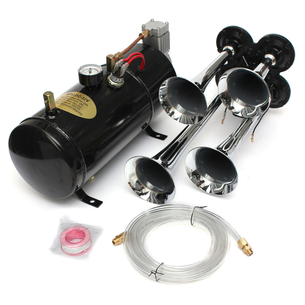 Universal 12V Motorcycle Trucks Boats Car Trumpet Air Horn Compressor Tubing Yellow 190268665483