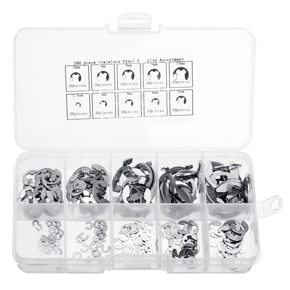 200Pc E-Clip Retaining Snap Ring E-Type Circlip Assortment Kit 1.5-10Mm Stainless Steel 762179040002