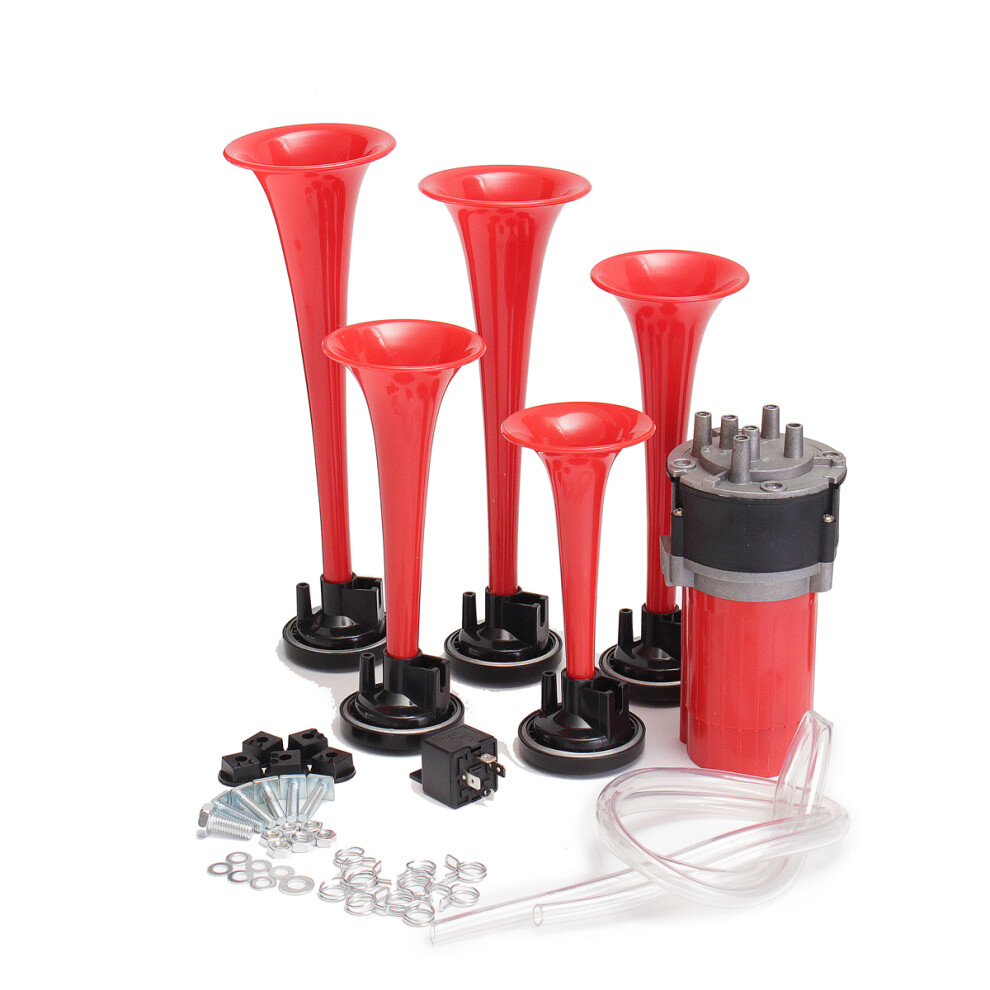 New 5Pcs 178Db 12V Compressor Air Horn Kit Trumpets Dukes Car Truck Red 762179089766
