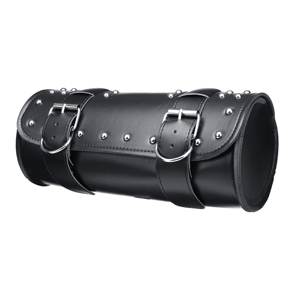 New Motorcycle Pu Leather Tool Bag Front Fork Handlebar Saddlebags Roll Barrel Style Black 762179076032